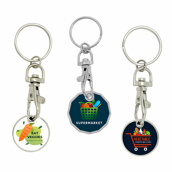 Trolley Coins & Caddy Tokens - Custom trolley coin keychains and shopping caddy tokens with colorful logo printing; bulk manufacturing in Vietnam, 100pcs MOQ.