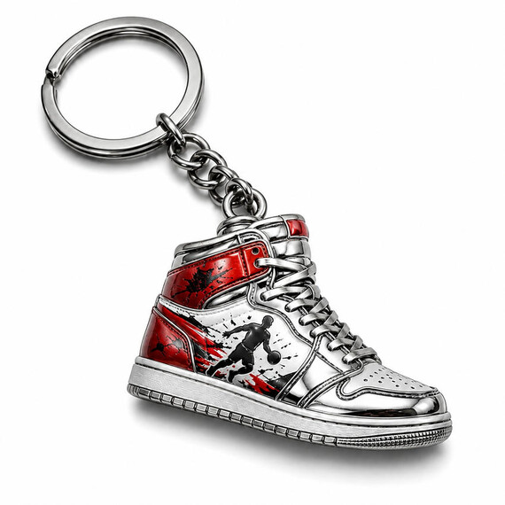 Custom UV printed 3D sneaker keychain with zinc alloy construction, silver metal finish, and red, black, and white graphics