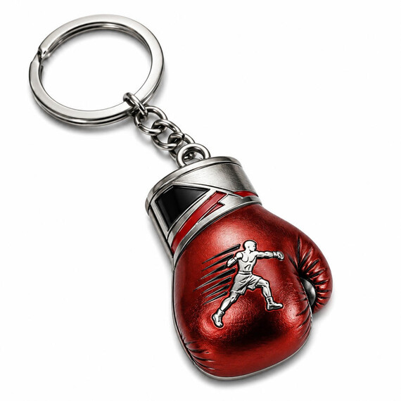 3D zinc alloy boxing glove keychain with UV printed athlete graphic, red finish, and detailed sculpted metal surface