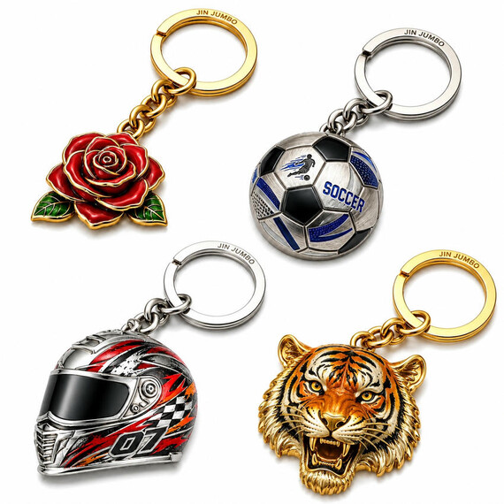 Custom 3D UV Printed Metal Keychains - Custom 3D UV printed zinc alloy keychains with rose, soccer ball, helmet and tiger head designs