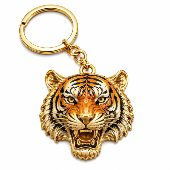 Custom 3D tiger head metal keychain with full-color UV printing, gold plating, and detailed sculpted relief