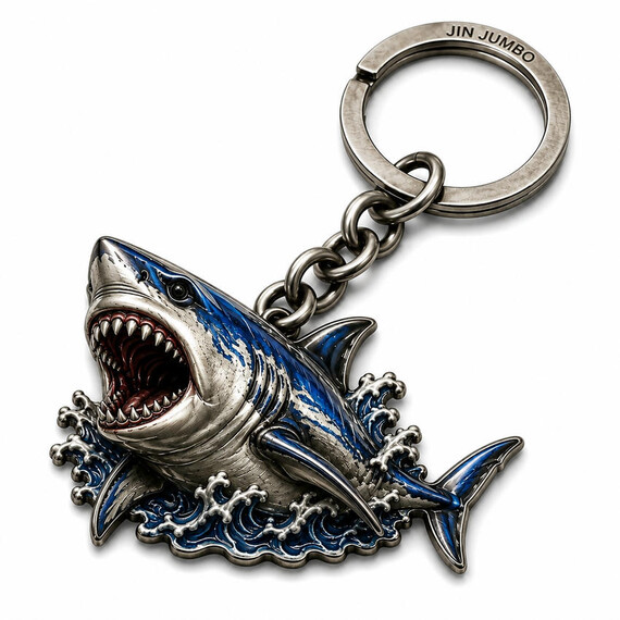 Custom 3D UV printed shark metal keychain with sculpted zinc alloy relief, blue printed details, and wave design