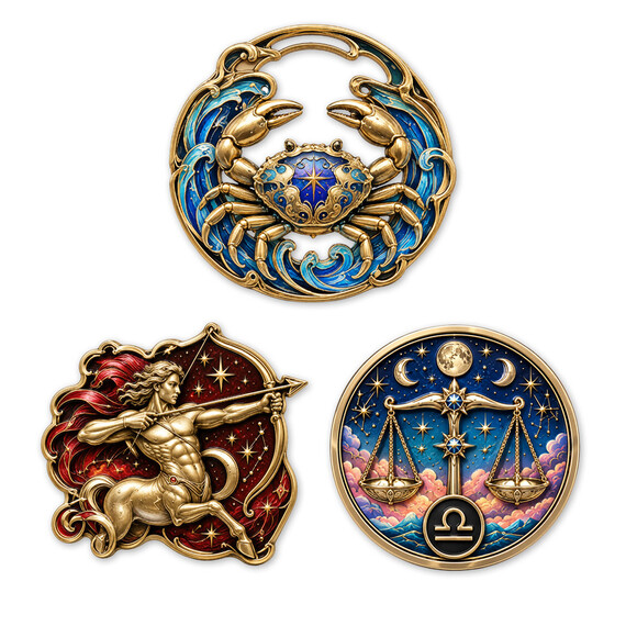Custom UV Printed Challenge Coins - Custom UV printed zodiac challenge coins featuring dimensional metal relief, vibrant colors, and intricate celestial designs.