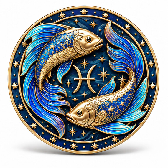 Custom UV printed 3D Pisces zodiac challenge coin with fish relief and blue celestial artwork