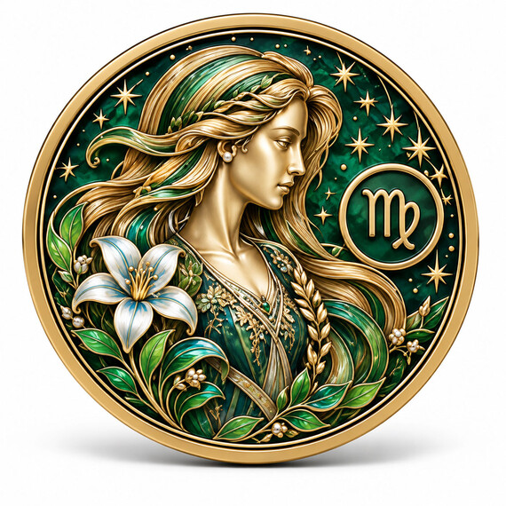 Custom UV printed 3D Virgo zodiac challenge coin with female relief and green botanical artwork