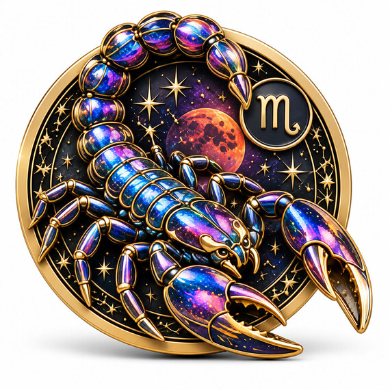 Custom UV printed 3D Scorpio zodiac challenge coin with raised scorpion relief and galaxy artwork