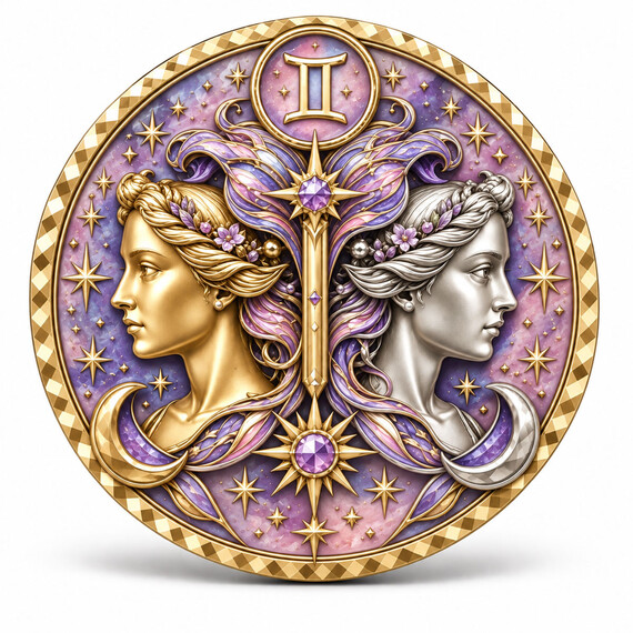 Custom UV printed 3D Gemini zodiac challenge coin with dual portrait relief and purple celestial artwork