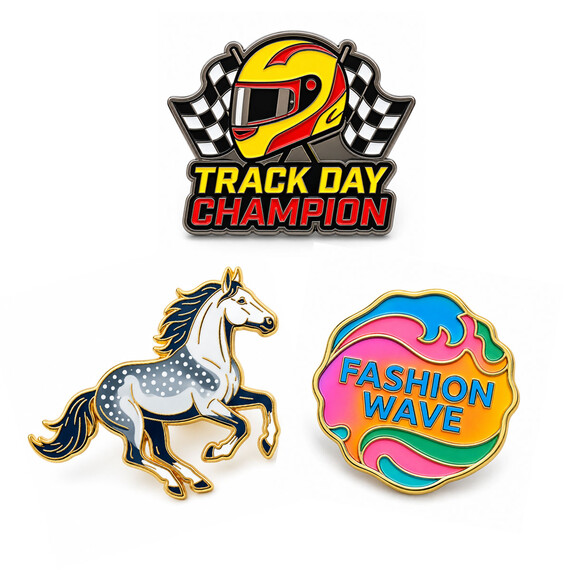 Custom UV printed lapel pins featuring vibrant full-color designs, fine details, and custom shapes.