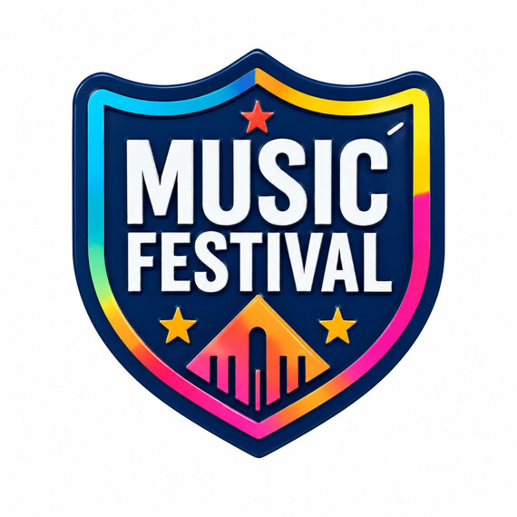 Custom UV printed lapel pin featuring a music festival design with vibrant CMYK gradient colors.