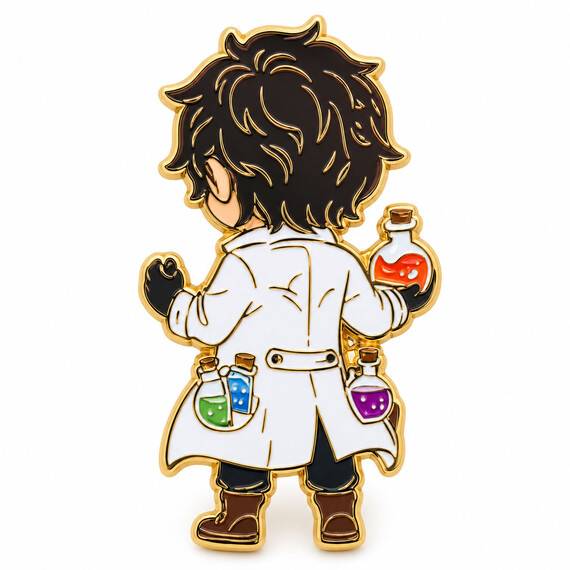 Custom enamel lapel pin featuring a laboratory scientist design with gold plating and colorful details.