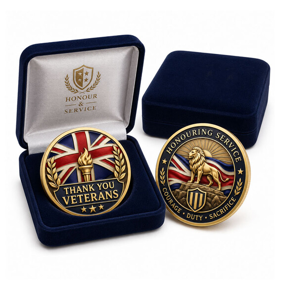 Maßgeschneiderte britische Militärveteranen Herausforderungsmünzen-Set in Samtbox mit Union Jack Fackel und britischem Löwenwappen