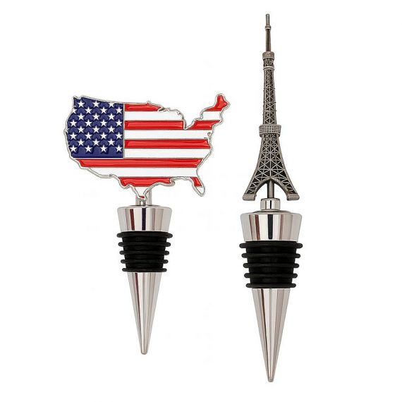 Custom Logo Wine Stoppers - Custom zinc alloy wine bottle stoppers featuring American flag and Eiffel Tower designs, personalized metal decorative wine corks for bars and gifts.