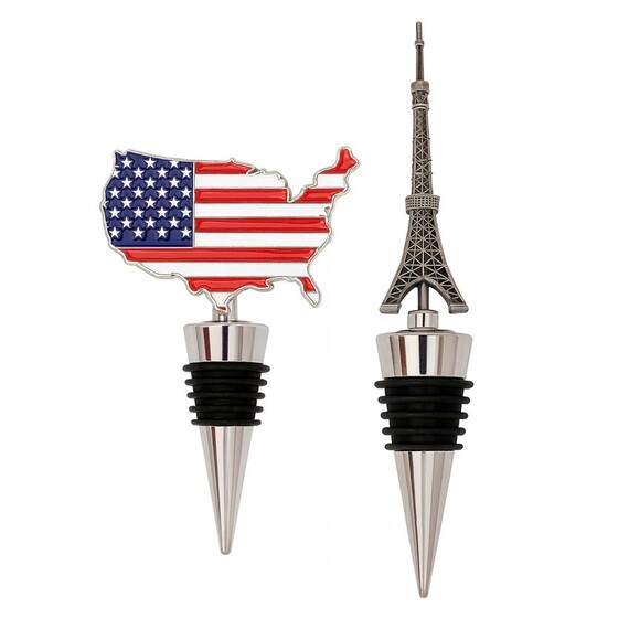 Custom Logo Wine Stoppers - Custom zinc alloy wine bottle stoppers featuring American flag and Eiffel Tower designs, personalized metal decorative wine corks for bars and gifts.