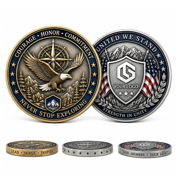 OEM custom zinc alloy commemorative challenge coins featuring high-relief 3D die casting, soft enamel, antique plated finishes, engraved logo details, and wholesale souvenir coin manufacturing.