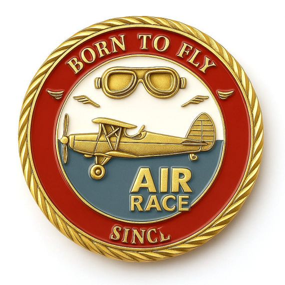 Air race metal commemorative coin with rope-style cut edge border