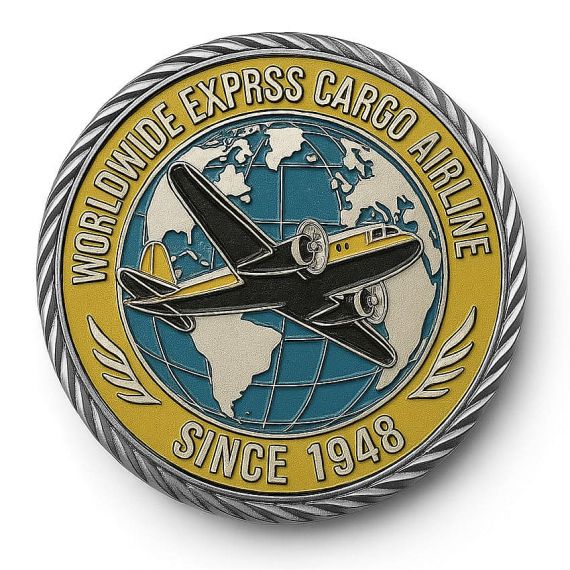 Cargo airline metal coin with twisted cut edge border design