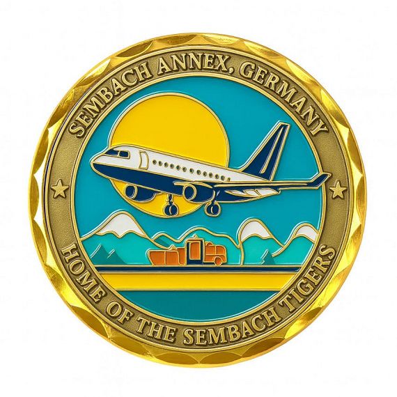 Gold aviation zinc alloy challenge coin with a scalloped diamond-cut edge