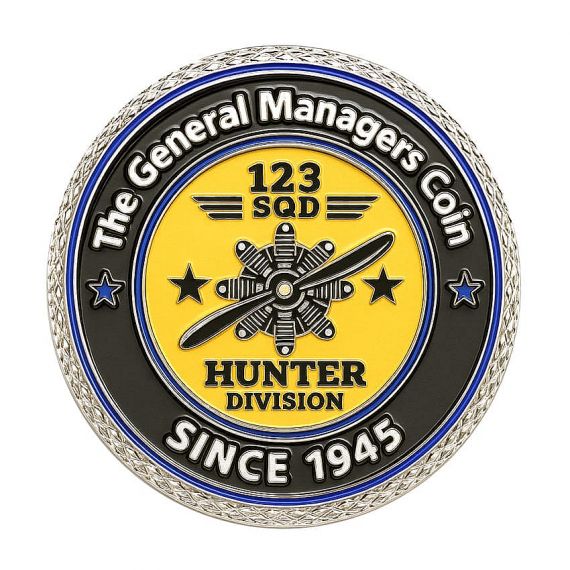 Managers metal challenge coin with diamond-pattern cut edge border