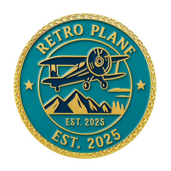 Retro plane commemorative coin with intricate patterned cut edge border