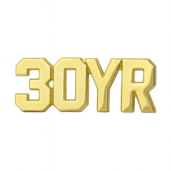 Custom gold plated cut-out letter pin featuring "30YR" for service awards