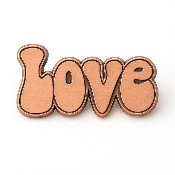 Elegant brushed copper letter pin showcasing the word "LOVE" in script font.