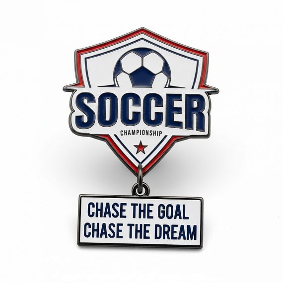 Sports Souvenir Pin Manufacturer OEM Soccer Championship dangle pin with a "Chase the Goal" hanging charm