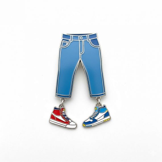 Promotional customized novelty denim jeans enamel pin with dangling red and blue sneaker charms