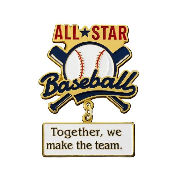 Customized swinging hard enamel All-Star Baseball pin with a dangled "Together we make the team" plate.