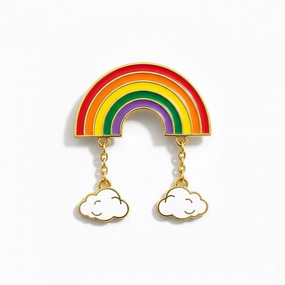Personalized custom rainbow enamel pin with two dangling white cloud charms