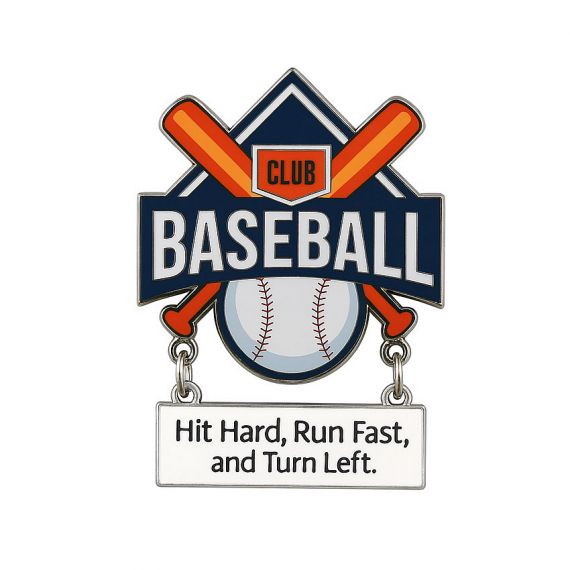 Manufacturer custom baseball Club logo pin with crossed bats and a dangling team slogan