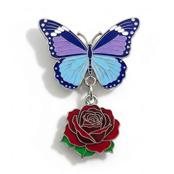 Personalized butterfly enamel pin with a dangling red rose flower charm
