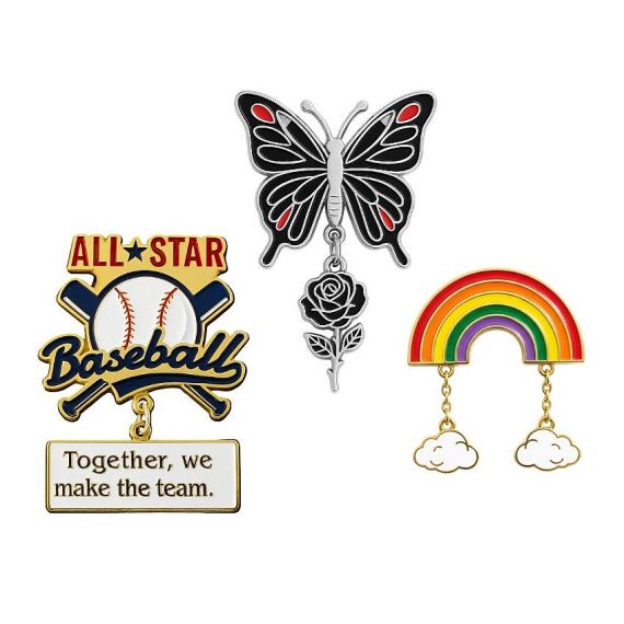 Custom dangle pin badge with a movable metal charm suspended by a jump ring
