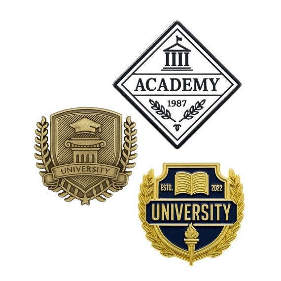 Custom university and academy pins with classic crest and emblem designs.