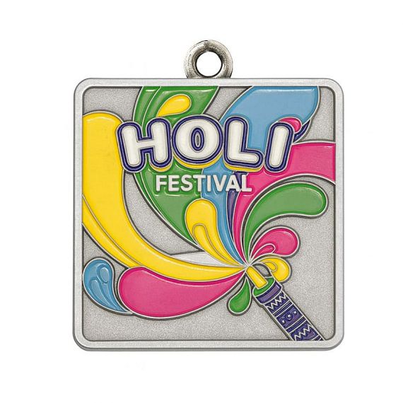 Square Holi metal festival medal with enamel color