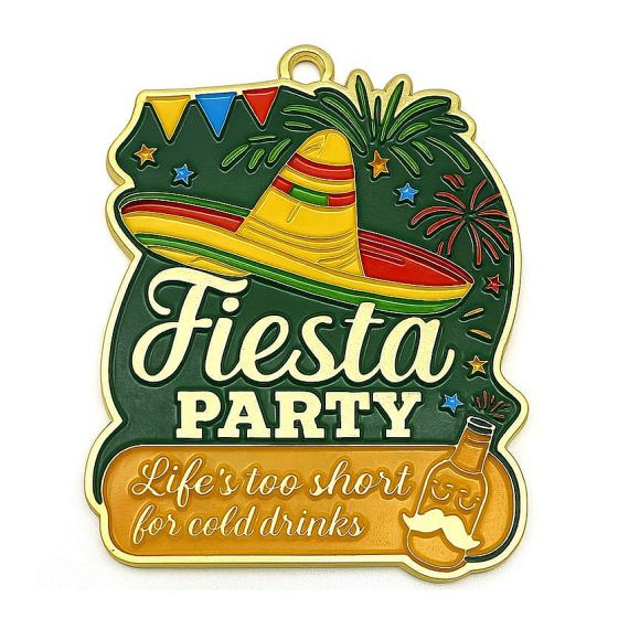 personalized souvenir Fiesta party medal with sombrero, fireworks, and colorful enamel design
