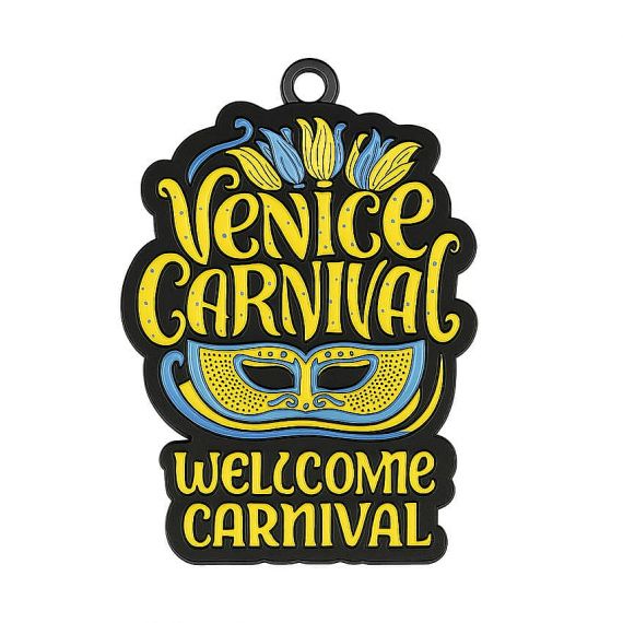 masquerade mask and festive typography Venice Carnival medal in black plated color