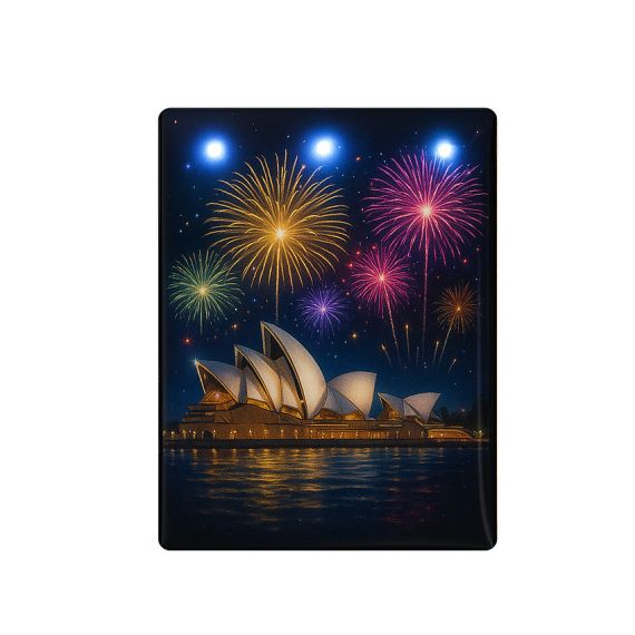 Eye-catching flashing pins with custom graphics Sydney NYE Fireworks LED pins souvenir