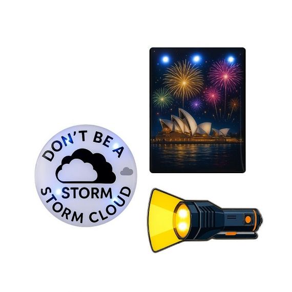 Bespoke light-up pin badge with vibrant flashing effects for night events