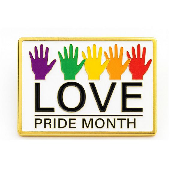 Love Pride Month enamel pin with rainbow hands