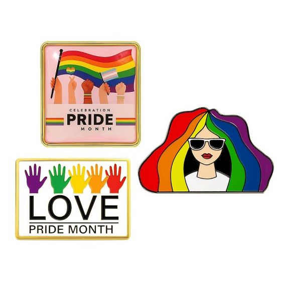 Custom pride pins celebrating Pride Month with vibrant rainbow designs and inclusive messages.