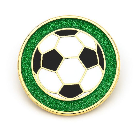 Personalized soccer ball lapel pin with a vibrant green glitter outer ring
