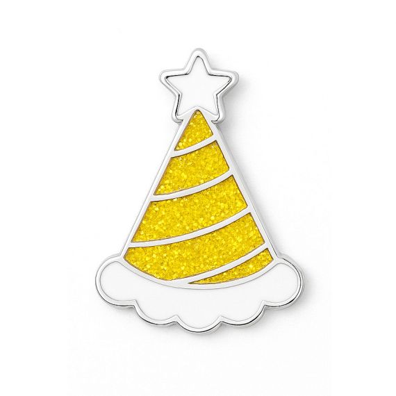 Promotional custom enamel festive party hat pin with yellow glitter and white enamel stripes
