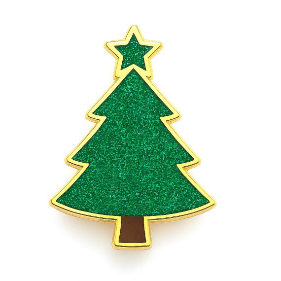 Manufacturer sparkling Christmas tree lapel pin with emerald green glitter and a gold star