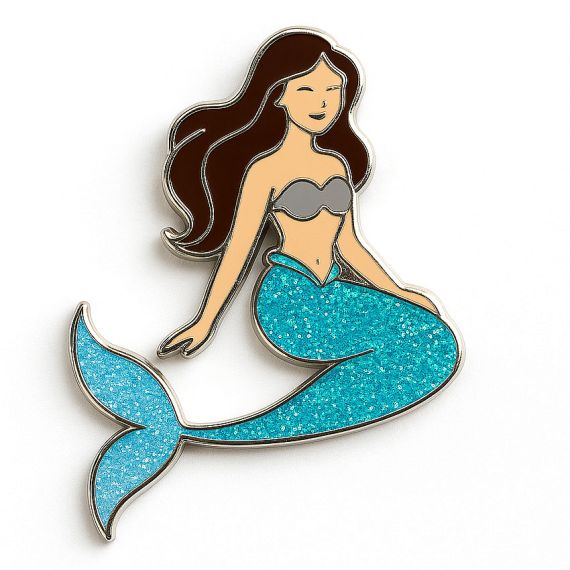 Personalized mystical mermaid pin featuring a brilliant aqua blue glittery tail