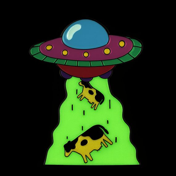UFO theme glow-in-the-dark pin depicting a cow abduction with luminous light