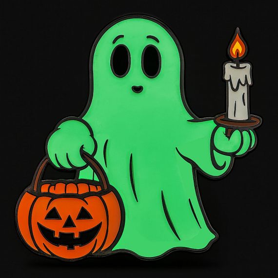 Halloween ghost pin holding a pumpkin basket and a glowing candle custom glowing lapel pin