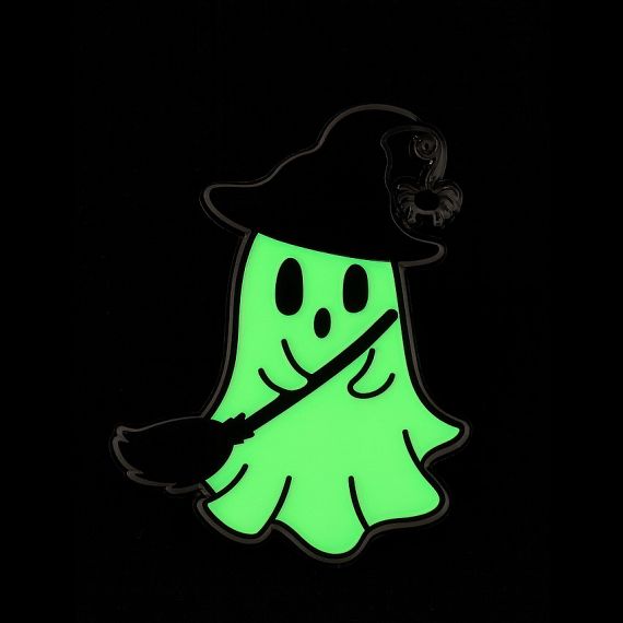Witch ghost pin with a black hat and broom featuring a full-body green glow