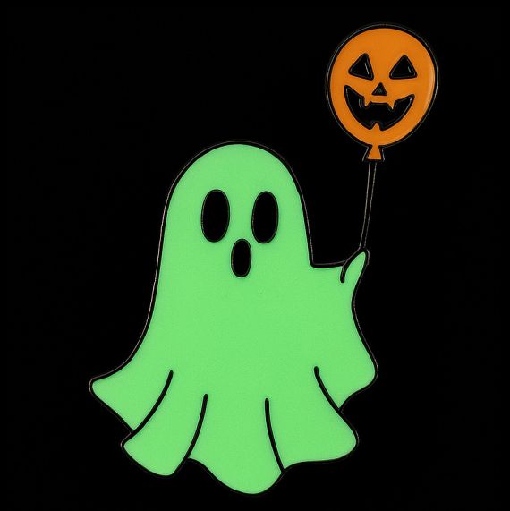 Promotional glowing ghost lapel pin pin holding a glowing orange pumpkin balloon