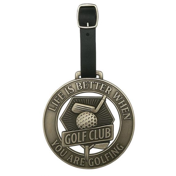 Antique brass golf bag tag with leather strap