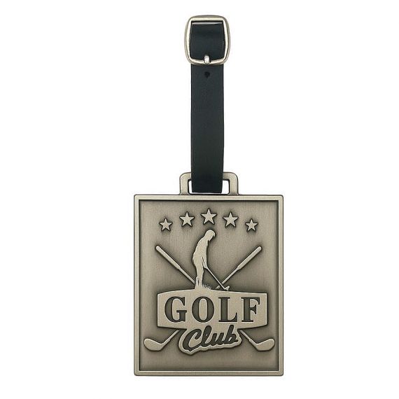 Antique silver rectangular golf bag name tag with leather strap